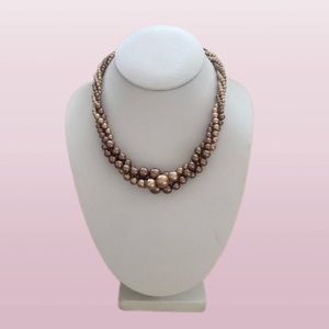 RMN Signed Brown Three-Strand Twisted Faux Pearl Necklace